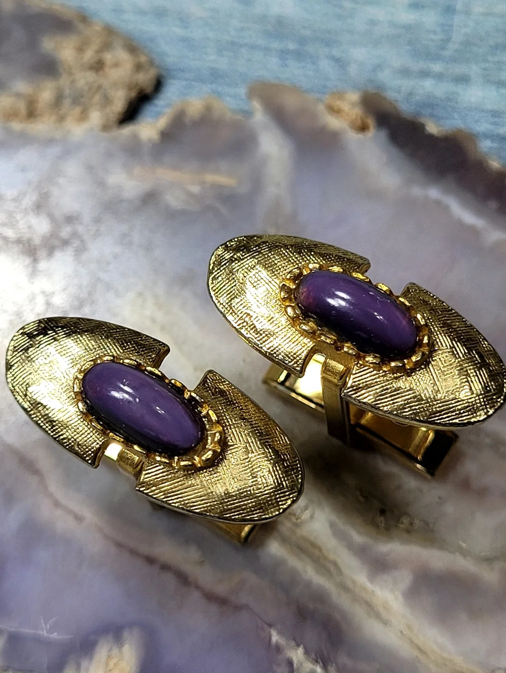 Gold Tone Cufflinks with Purple Cabochon Accent - Men's Accessories